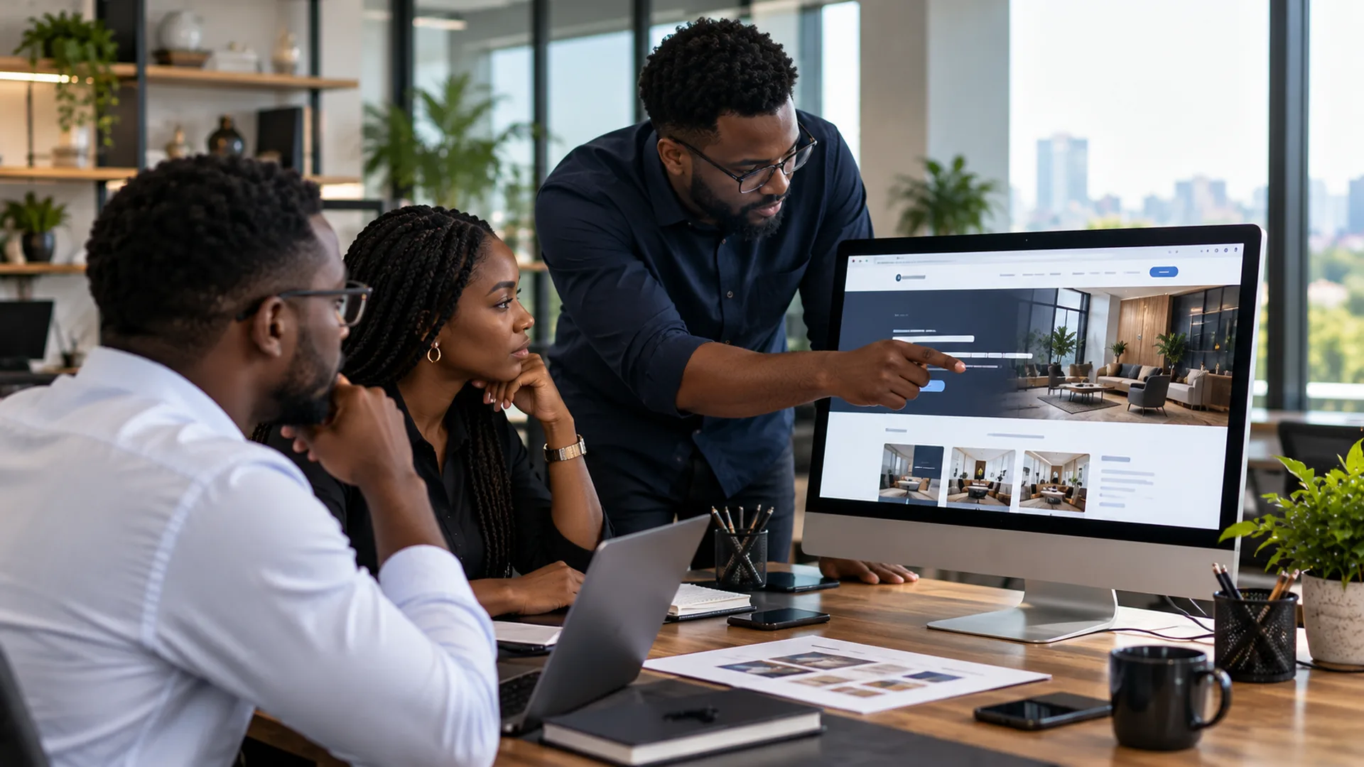 A web developer presenting a website design to two colleagues in a modern office