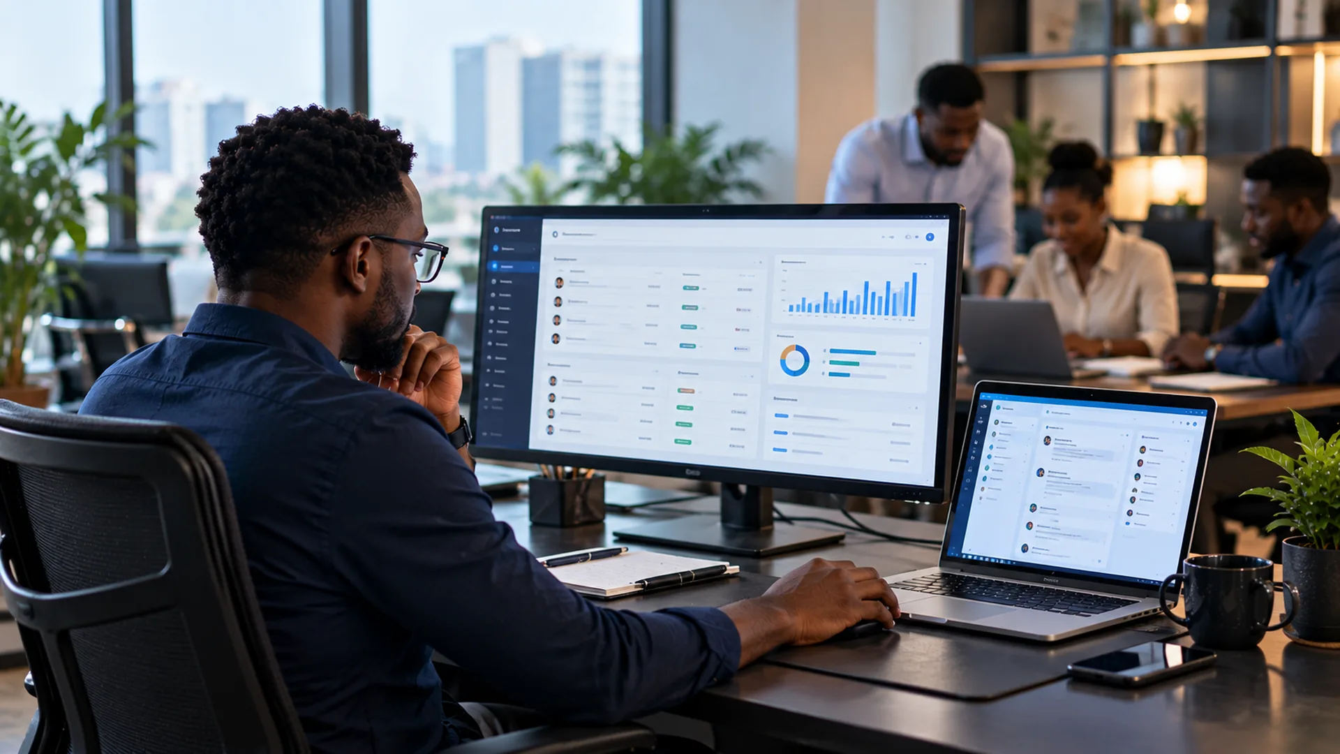 An IT administrator managing a cloud admin dashboard while colleagues work in the background