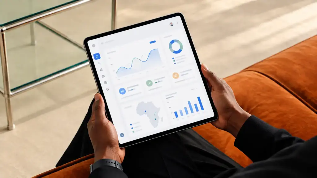 A business leader reviewing an analytics dashboard on a tablet