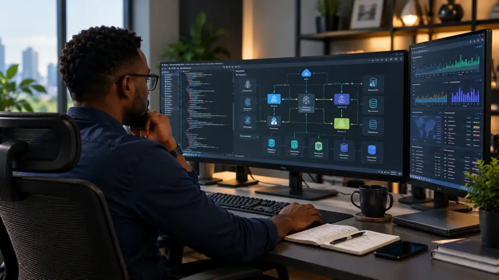 A software engineer reviewing application architecture, code and performance dashboards across three monitors