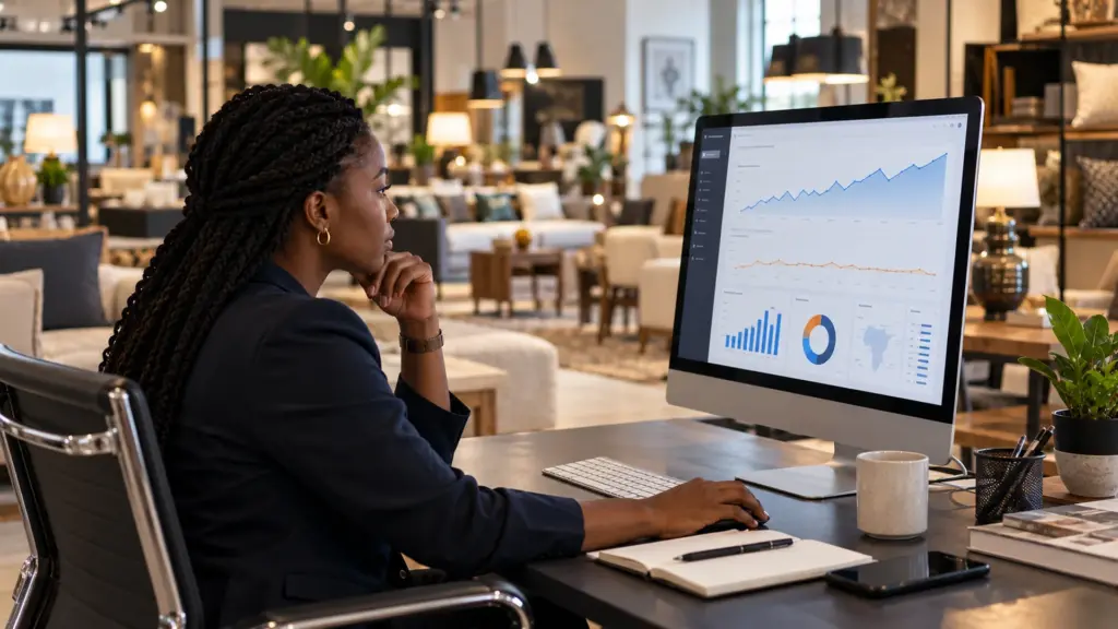 A retail business owner reviewing e-commerce sales analytics on a desktop screen in a furniture showroom