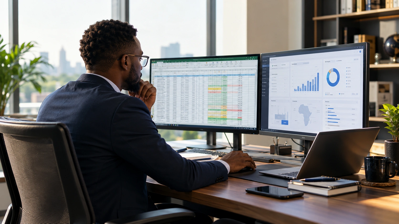 A business leader reviewing spreadsheets and analytics dashboards on two monitors